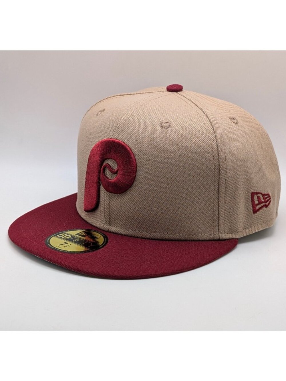 Philadelphia Phillies New Era Cap Khaki Beige Tan Maroon Fitted Size 7 1/4 Retro